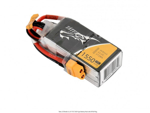 Tattu 1550mAh 11.1V 75C 3S1P Lipo Battery Pack with XT60 Plug