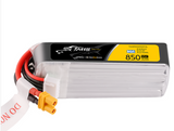 A 14.4V 850mAh LiPo battery pack with a clear plastic protective case, black and yellow label, and XT60 connector, shown on a white background.